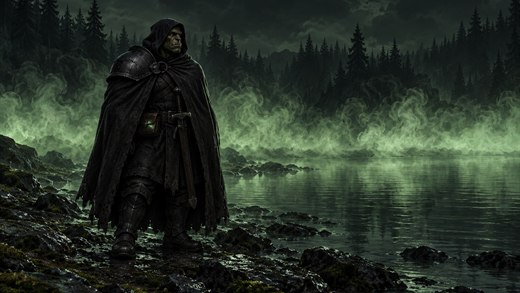 A cloaked adventurer in dark plate stands by a night pool against a band of faintly green steam.