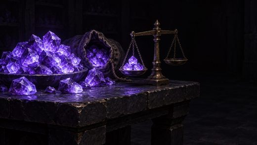 Un tas de cristaux violets lumineux sur une table de pierre, débordant d'une coupe et reversés dans un sac.