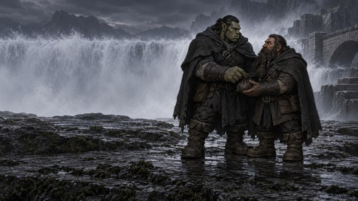 Two cloaked adventurers hand over a heavy coin pouch on a wet rock ledge at dusk, waterfall spray behind them.