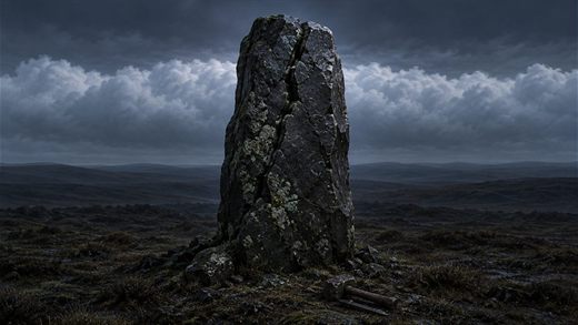 Un haut menhir sombre sur une crête nue, noir devant une bande de nuages bas avant l'aube.