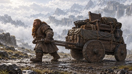 A dwarf pulls a cart piled with furniture along a mountain road against a band of morning mist.