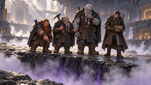 Cuatro compañeros con capas oscuras juntos al borde de un abismo humeante iluminado de violeta desde abajo.