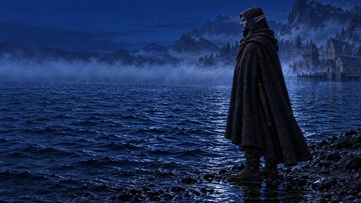 Un viajero encapuchado se alza al borde de un lago en calma al anochecer, con una franja de niebla pálida sobre el agua detrás.