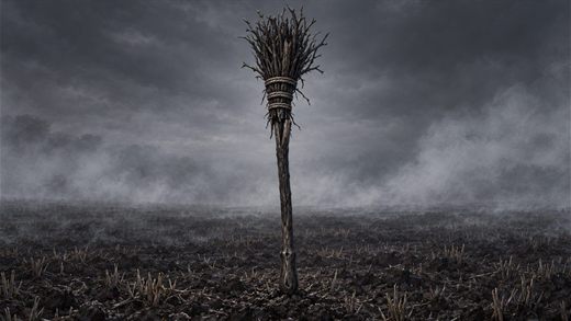 Ein Reisigbesen steht aufrecht in einem abgeernteten Feld, schwarz vor einem Band aus ziehendem Rauch.
