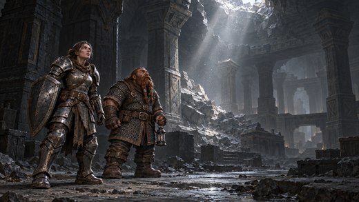Two adventurers in a dark underground hall under a shaft of daylight from a collapsed ceiling.