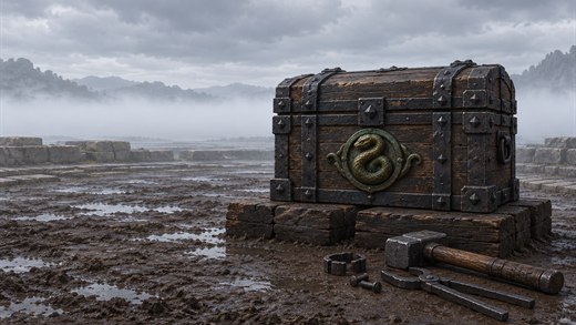Un lourd coffre de guerre cerclé de fer sur le sol mouillé d'une arène, devant une bande de brume grise matinale.