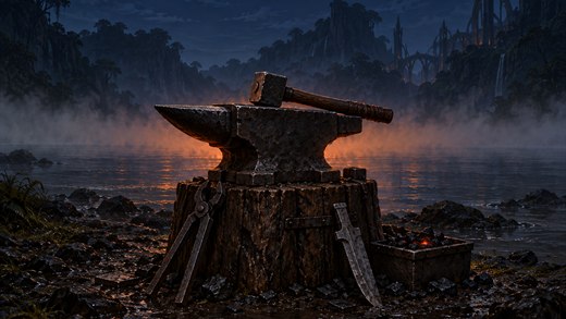 Ein schwarzer Eisenamboss mit Hammer auf einem Eichenstumpf vor einem Band aus nächtlichem Flussnebel.
