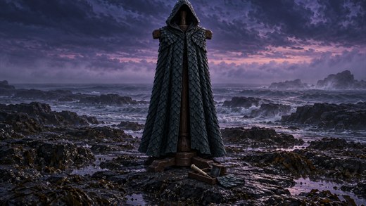A long dark scaled cloak hangs on a wooden stand on a black rock shore at dusk, a band of sea mist behind it.