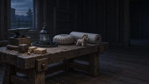 Un établi de menuisier portant une petite enclume, une lampe suspendue, un coussin, une pièce de tissu et une peluche dans une pièce nue au crépuscule.