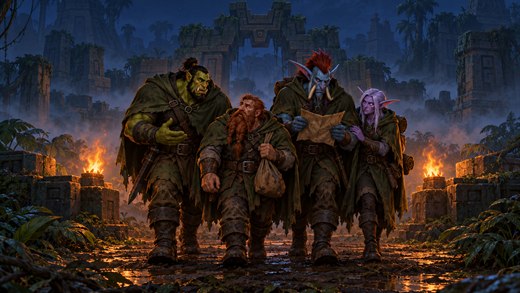 Quatre aventuriers encapuchonnés sortent de nuit d'un labyrinthe en ruine dans la jungle, devant une brume éclairée par des torches.