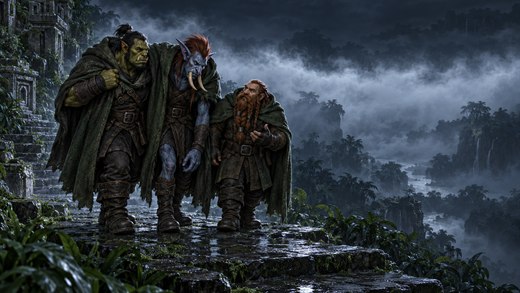 Three hooded adventurers stand close together on a stone ledge at night, with a band of moonlit river mist behind them.