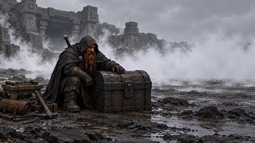 A cloaked adventurer kneels beside an iron-bound chest on a grey morning, white steam rising behind them.