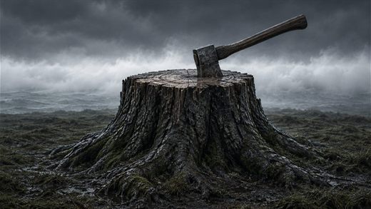 Une large souche d'arbre avec une hache de bûcheron plantée dedans, noire devant un banc de brume marine.