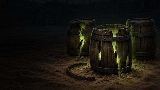 Drei Fässer auf dem Sand einer Arena bei Nacht, zwei davon aufgerissen, aus ihnen dringt ein kränklich grünes Licht.