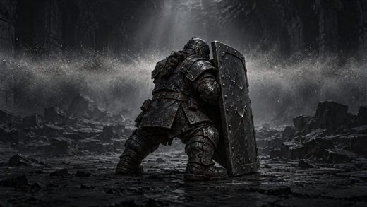 Un guerrier en armure derrière un bouclier dans une salle en ruine, noir devant un mur de poussière éclairée.