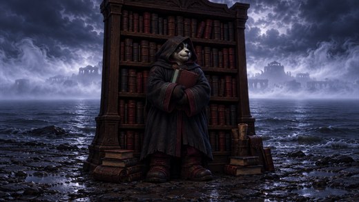 A hooded reader holds a book beside a tall dark bookcase on a lake shore in night mist.