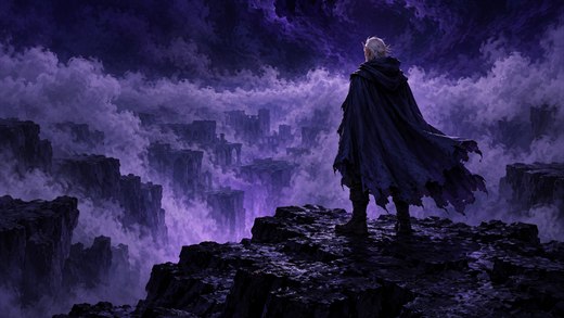 Un joven semielfo con una capa oscura, de pie en un saliente, contempla una franja de niebla iluminada de violeta.