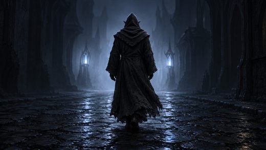 A hooded figure walking away down a night street, black against a pale haze of lamplight.