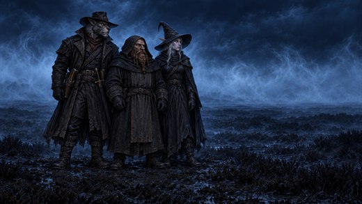 3 hooded adventurers stand close together on a misty heath against a band of fog.