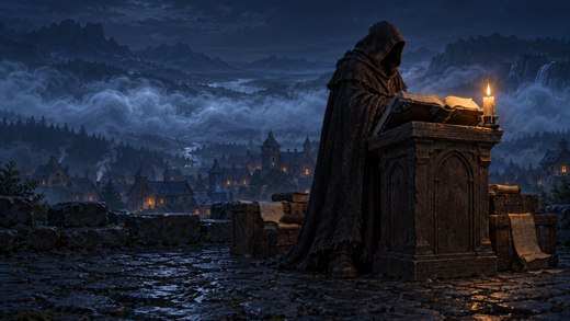 A hooded storyteller stands beside a tall lectern with an open book and a candle against night mist.