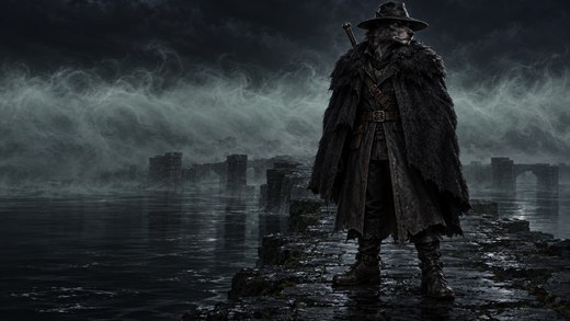 Un cazador de brujas con sombrero de ala ancha y abrigo largo, de pie en una calzada ante la niebla nocturna de un pantano.