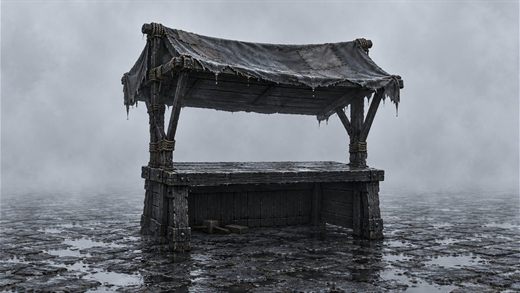 An empty market stall under a canvas awning in a foggy square, black against the fog on all sides.