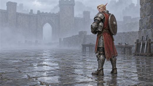 Ein Blutelf-Paladin steht an einem grauen, nebligen Morgen allein im leeren Hof einer Festung.