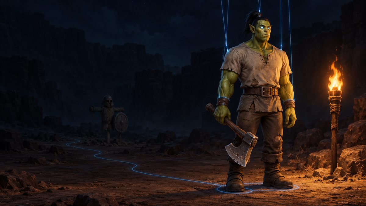 Ein Orc steht nachts reglos neben einer Fackel, während kalte blaue Lichtfäden zu seinen Schultern laufen und eine leuchtende Linie am Boden eine Route markiert.