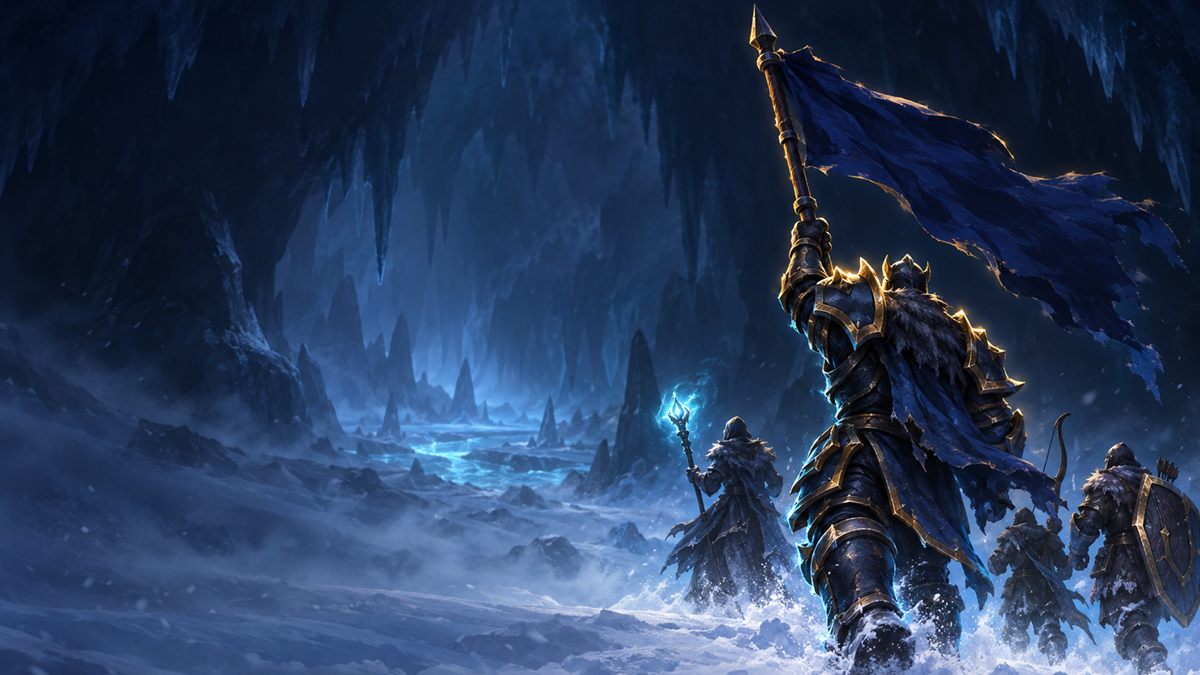 A raid leader in gold-trimmed plate armour carries a plain banner into a frozen cavern, with a small group of adventurers charging behind him.