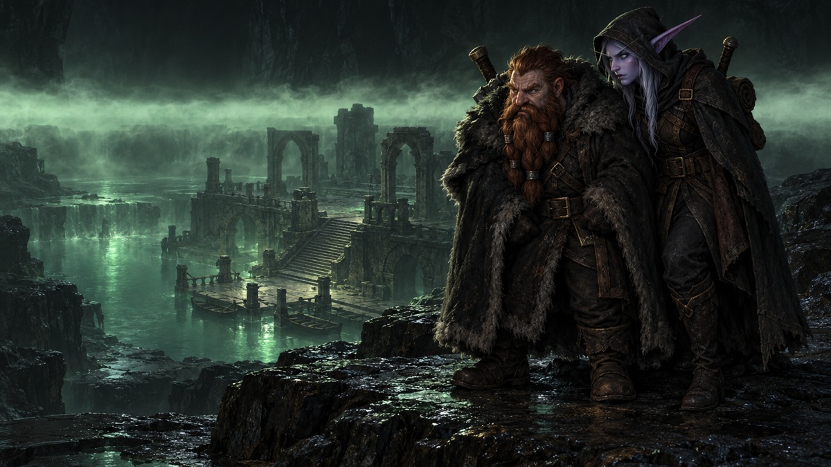 A dwarf and a night elf standing close together above a misty green-lit cavern.