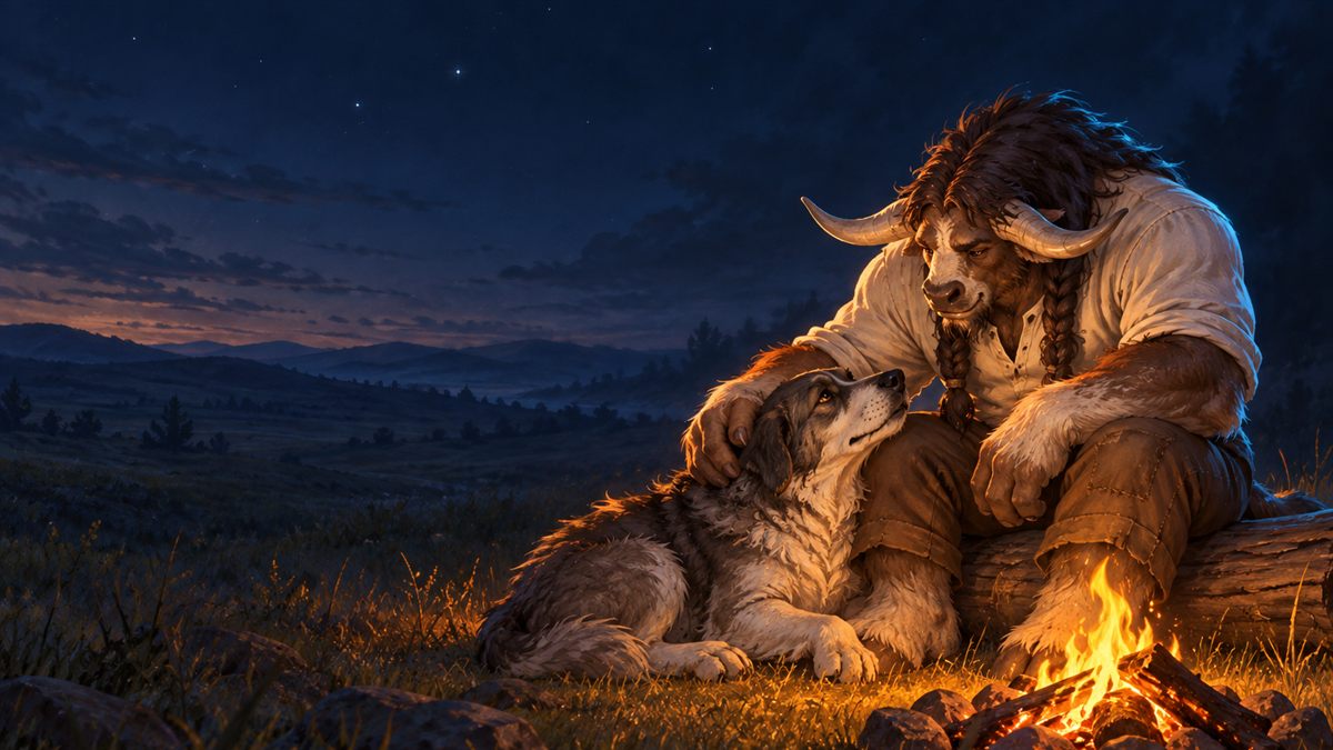 Ein Tauren-Bauer sitzt in der Abenddämmerung an einem kleinen Lagerfeuer in der Steppe und streichelt sanft einen großen, zotteligen Hund