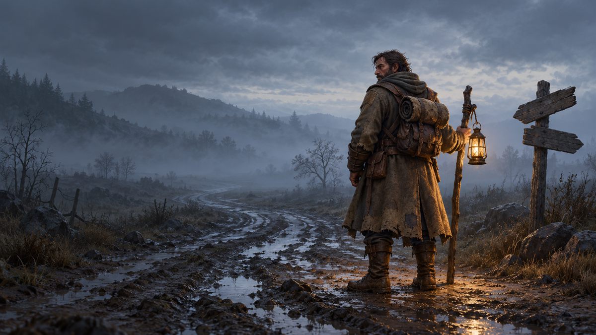 A lone traveller with a lantern stops on a dark road at night and looks back the way he came.