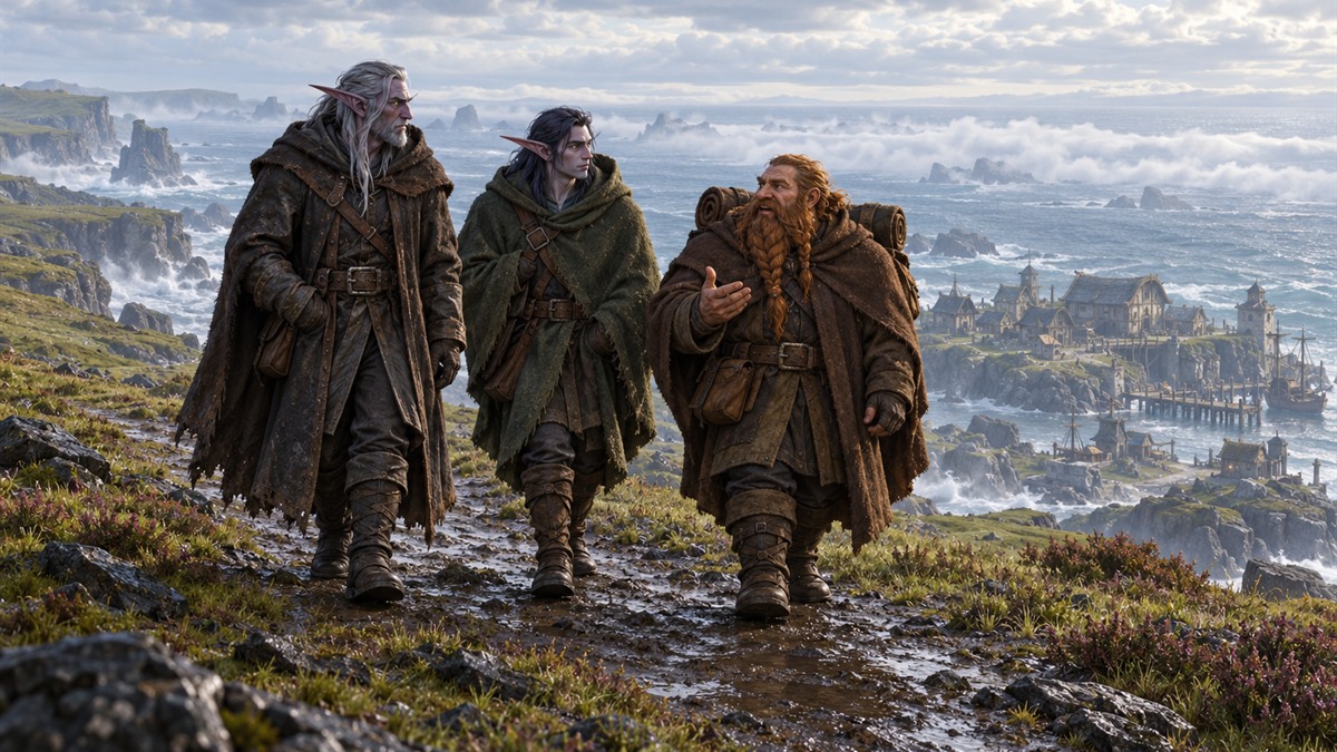 Three travellers stand close together on a coastal path, looking out over a band of sea fog.