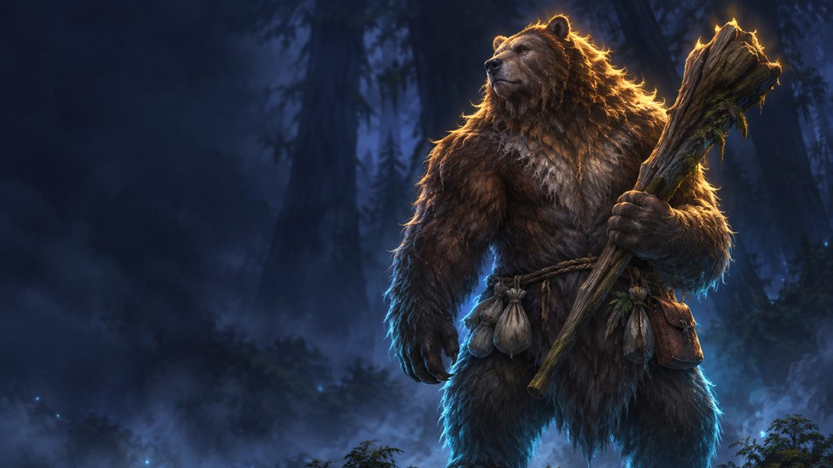 A hulking bear-like forest creature with a wooden club and small sacks at its belt, lit in gold and cyan in a dark misty forest