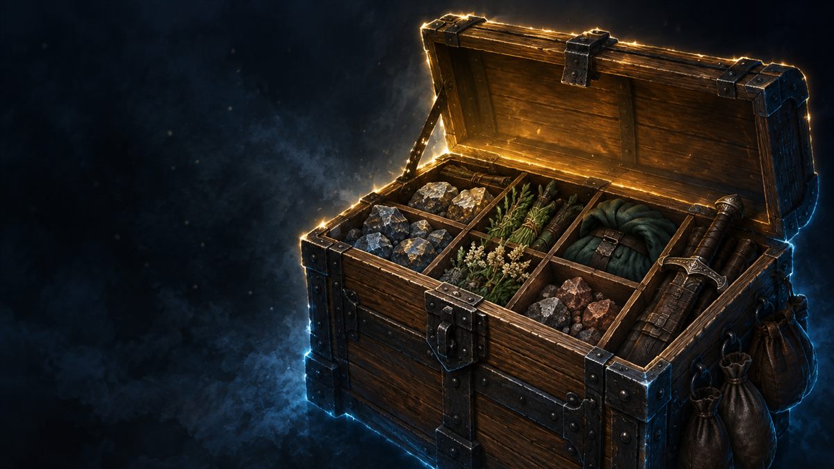 In einem dunklen Tresorraum steht eine große offene Truhe mit Eisenbeschlägen und sauber unterteilten Fächern voller Erz, Kräuter und Ausrüstung, in Gold und Cyan angestrahlt