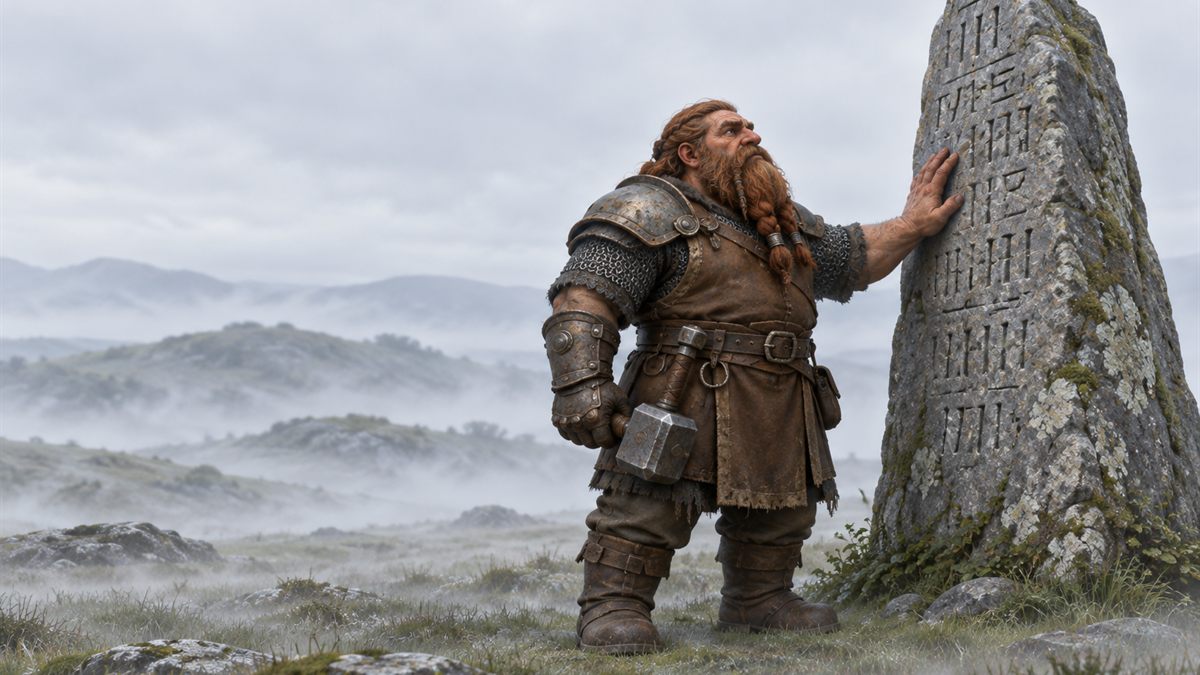 Un enano fornido y barbudo apoya la mano en un alto monolito de piedra con muescas, en un prado con niebla bajo un cielo matinal nublado