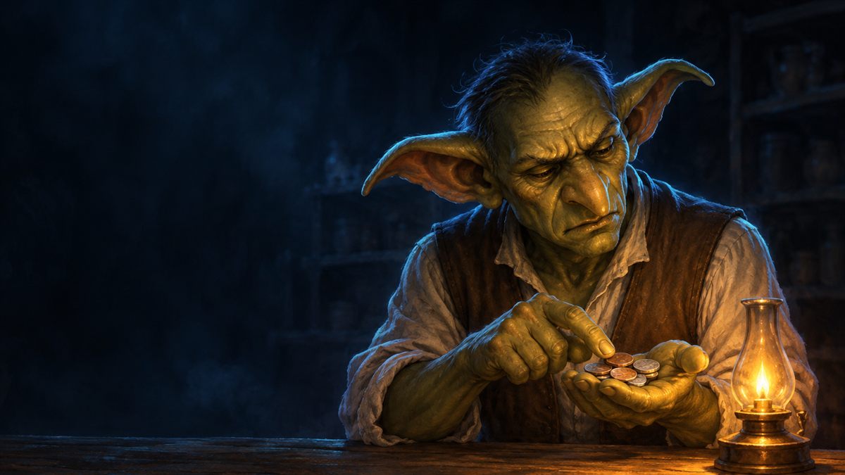 Ein ratloser männlicher Goblin in einer schlichten Weste zählt im Lampenlicht an einem Holztresen eine Handvoll Münzen