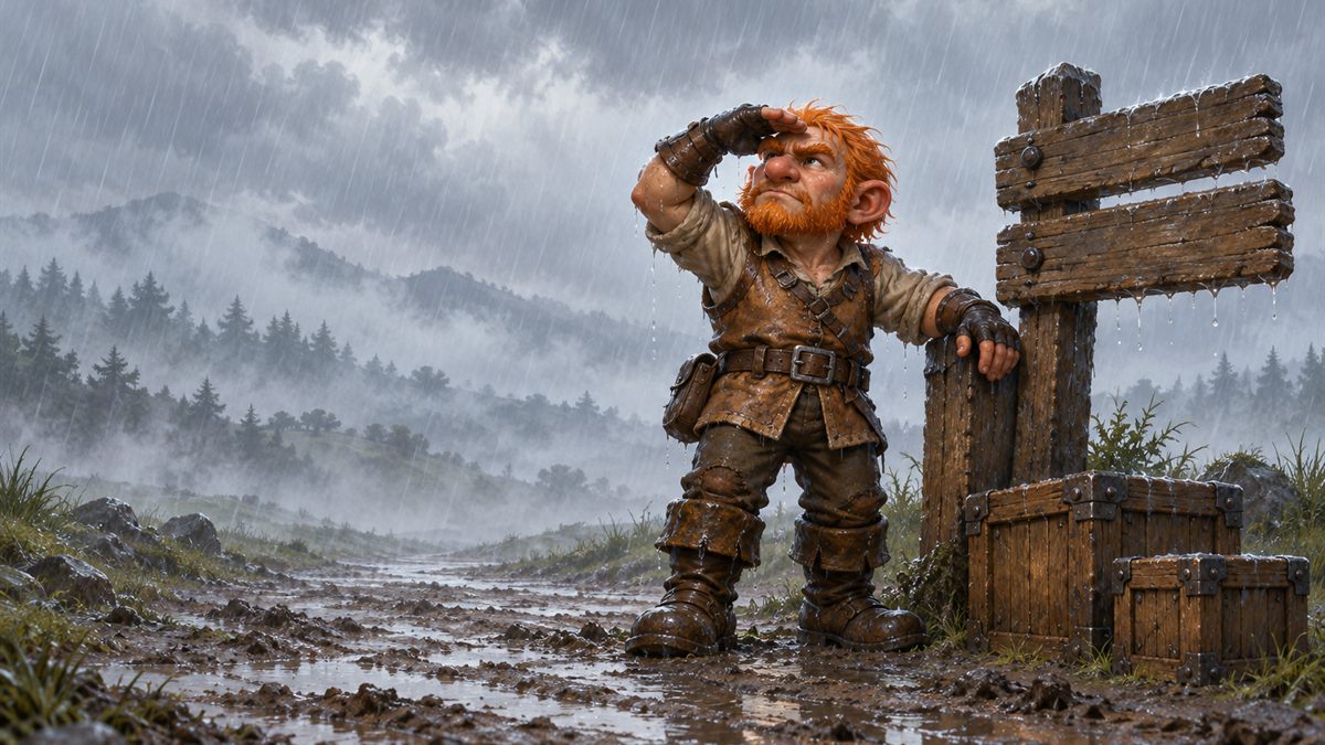 Un gnomo con jubón de cuero empapado entrecierra los ojos ante un cielo gris de lluvia, junto a un poste de madera en un camino de barro.