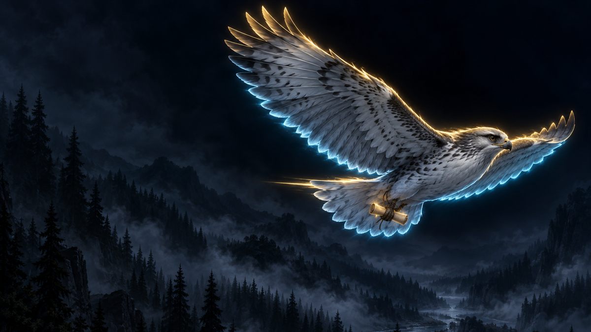 A messenger hawk flying fast through the night above a misty pine valley, lit in gold and cyan