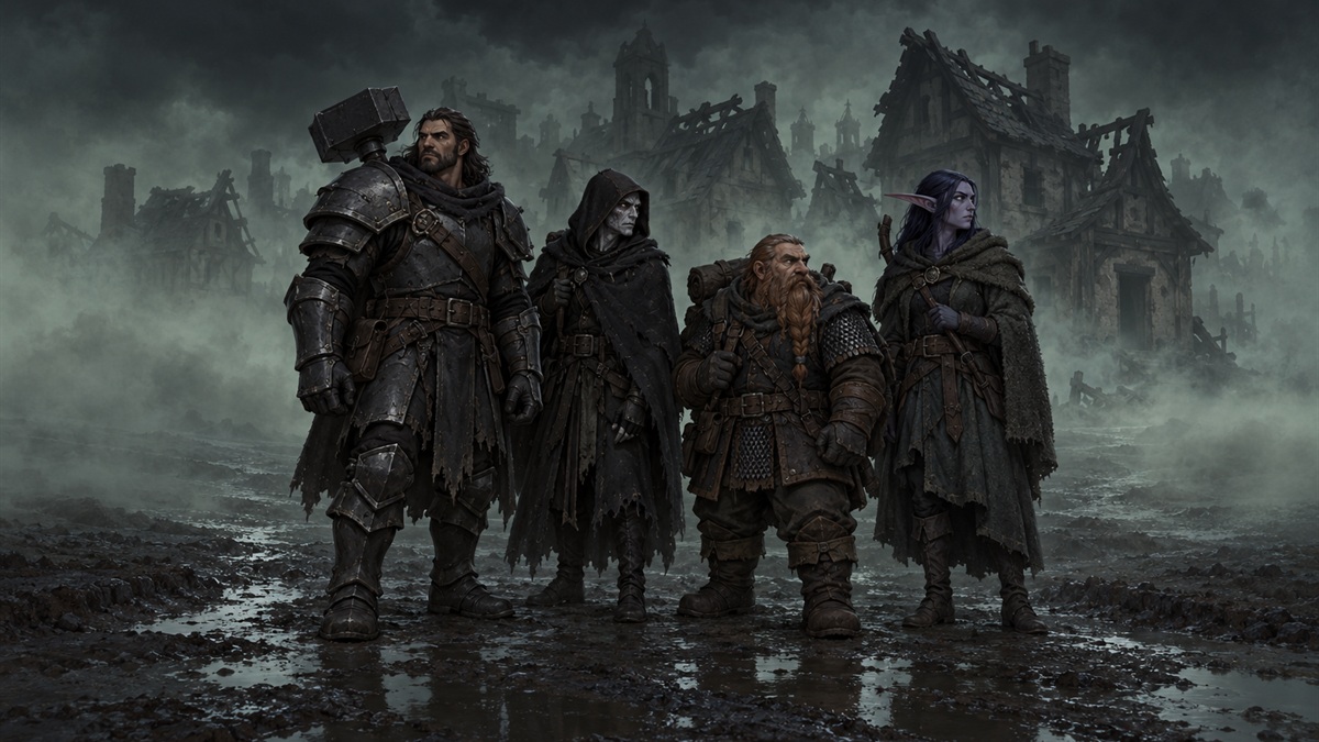 Four adventurers stand close together on a village road at night, facing a band of grey-green plague mist.