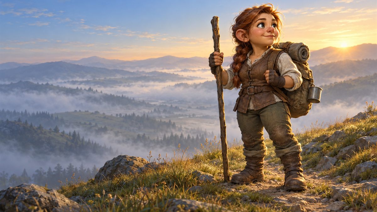 A female gnome traveller with a pack and a walking staff stands on a hill path at dawn above a misty valley.