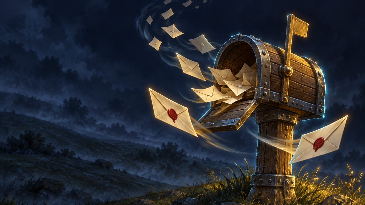 Ein alter hölzerner Briefkasten in der Abenddämmerung, aus dem versiegelte Briefe quellen, die der Wind in verschiedene Richtungen trägt, in Gold und Cyan beleuchtet