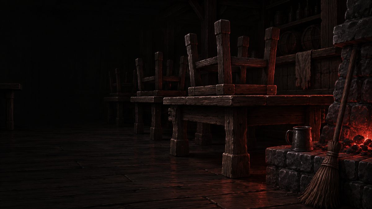 Une taverne vide la nuit, les chaises retournées sur les tables et un âtre aux braises mourantes dans un coin.