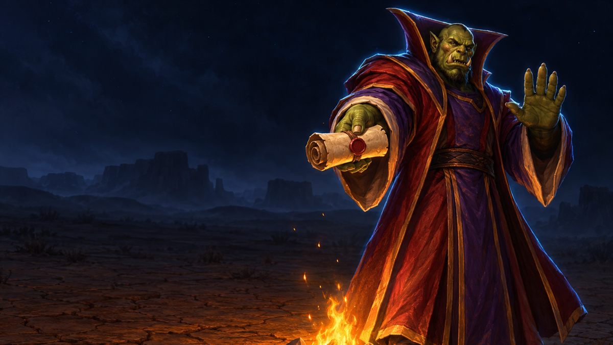 Ein Ork in Roben hält nachts an einem kleinen Lagerfeuer in einer rissigen Steppe eine versiegelte Schriftrolle hin und hebt die Hand, in Gold und Cyan beleuchtet