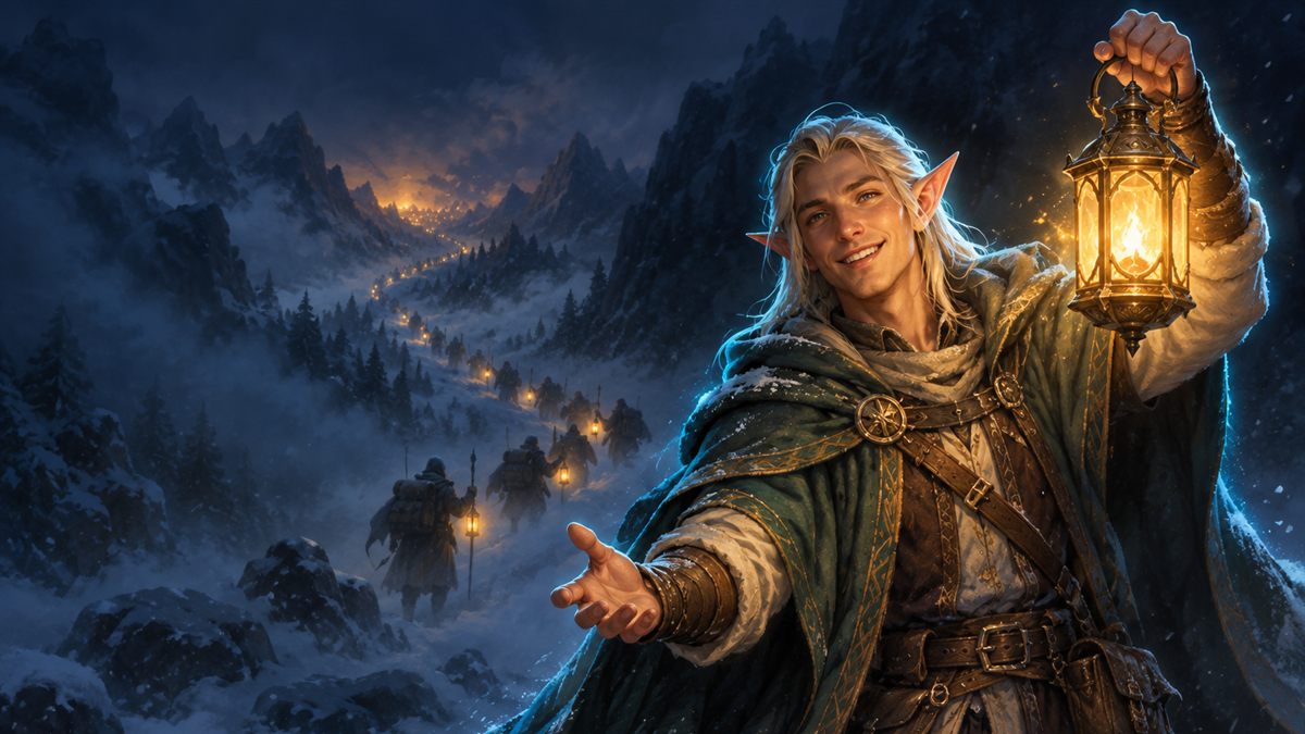 A smiling elf gatekeeper holds up a glowing lantern and waves in a line of travellers on a snowy mountain pass at dusk