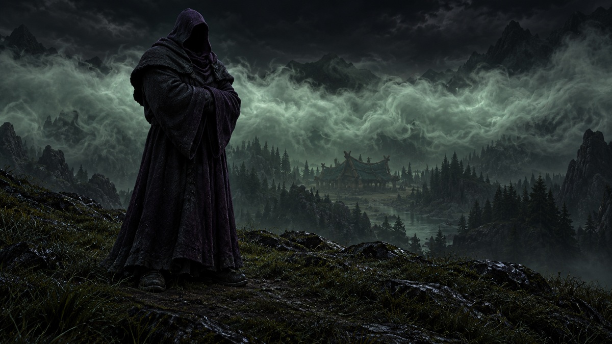 A hooded warlock in a long dark robe stands on a night hilltop against a band of valley fog.