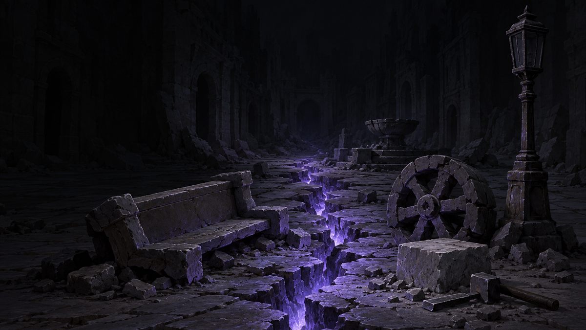 Eine aufgebrochene Straße aus hellem Stein bei Nacht, aus einem langen Riss im Pflaster steigt violettes Licht.