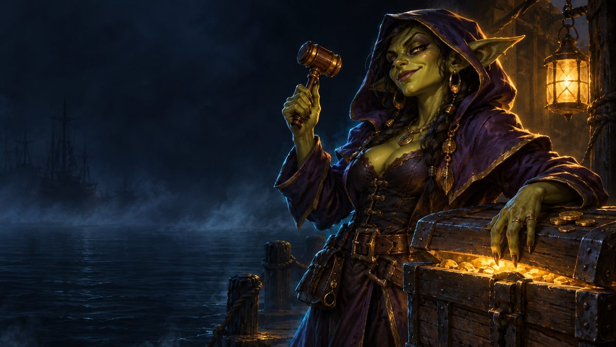 A goblin broker in a hooded violet coat raising a gavel beside a glowing treasure chest on a misty harbour jetty at night