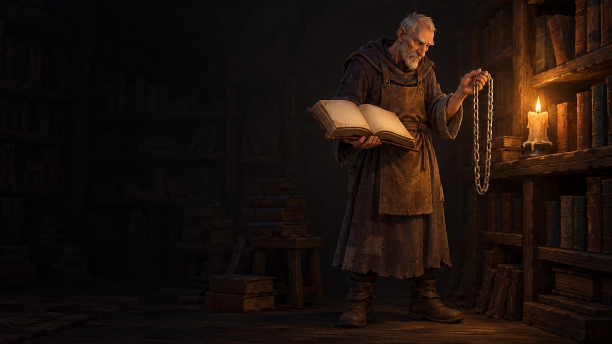 An old librarian holds an open book and a silver chain by candlelight in a dark library.