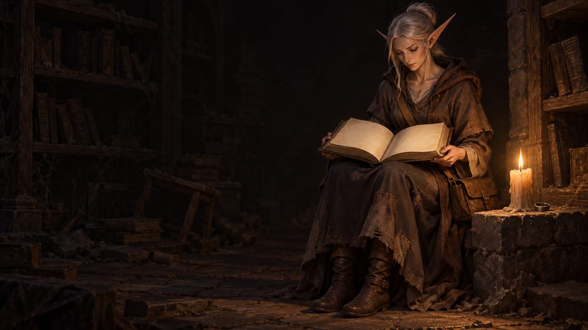 A blood elf scholar reads an open book by candlelight in a dark ruined library.